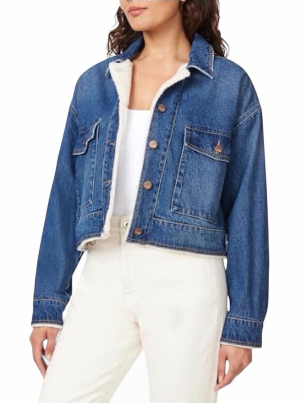 Kensie Jeans Small Cropped Denim Jacket Blue Oversized Sherpa Trim